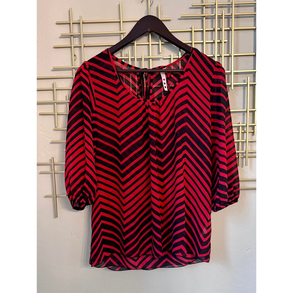 Womens Red Black Chevron Stripe Sheer Blouse Large Boho Peasant Balloon Sleeve